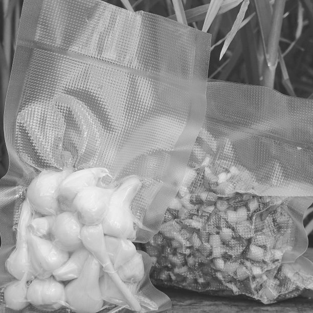 真空腌菜。真空包装大蒜。旧的效果。黑白两色图片下载