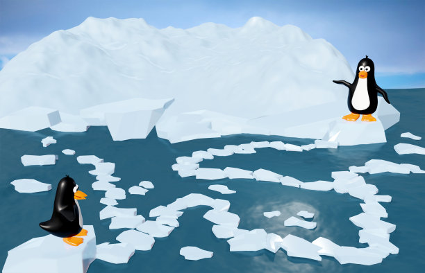 迷宫游戏适合小孩子玩。小企鹅必须从一块浮冰跳到另一块浮冰，爬到冰山上找妈妈。3 d渲染。图片下载