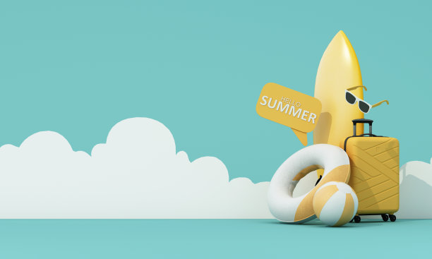 黄色背景的沙滩装备——太阳镜、手提箱、排球、游泳圈和冲浪板。夏天来了，海滩概念。卡通三维渲染图片下载