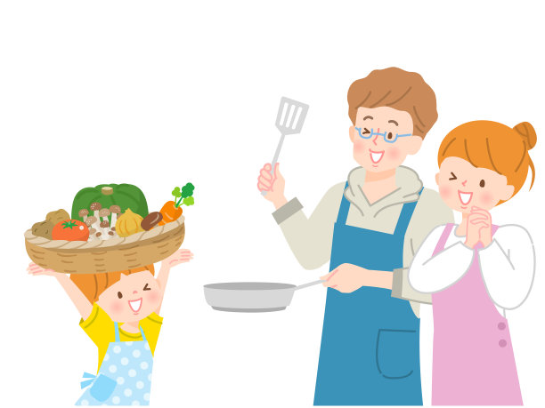 矢量插图的父母和孩子烹饪与许多蔬菜图片下载