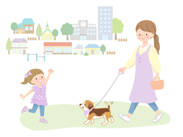 年轻女子在公园遛狗的插图图片下载