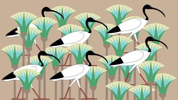 一群神圣的朱鹭在莲花的领域，灵感来自古埃及图纸-插图矢量背景图片下载