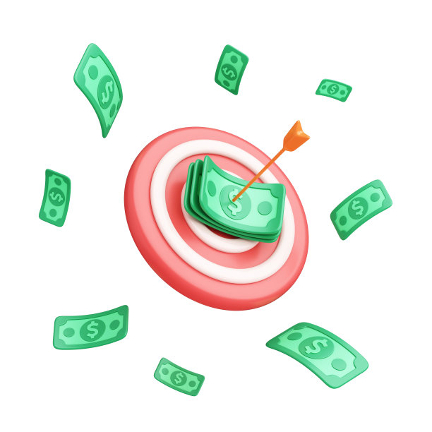 钞票被吹成红色的箭靶，成堆的钞票被白色背景上的箭击中。企业财务投资成功目标赢营销策略。剪切路径。3 d演示。图片下载
