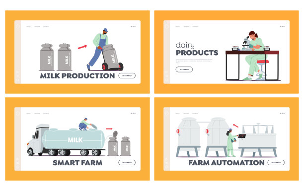 乳品厂，牛奶生产登陆页模板集。产品农场产业阶段。机器倒牛奶在容器图片下载