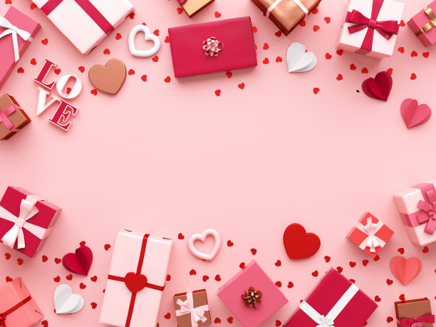 情人节优雅的贺卡模板与礼物和心在淡粉色的背景。浪漫的情人节平铺横幅设计在3D渲染图片下载
