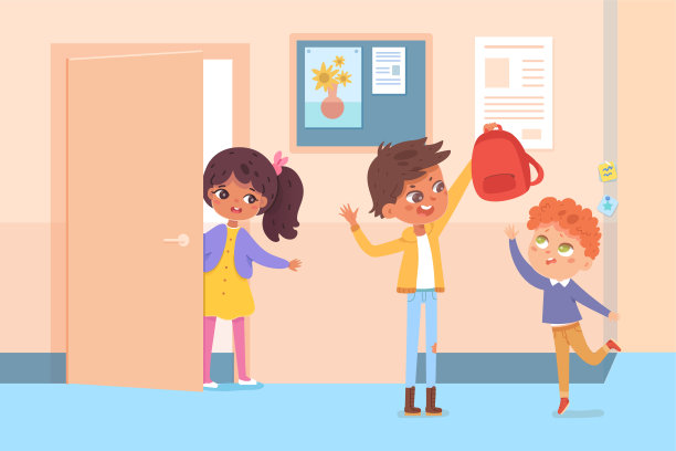 淘气的男孩在教室里嘲笑小孩子，小学生取笑和欺负学步的孩子图片下载