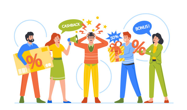 卖家向困惑的买家发布促销信息。积极的营销活动概念矢量插图图片下载