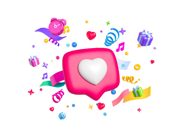 派对五彩纸屑，心形别针和蛇形丝带。像针一样。海报或横幅的节日装饰元素。白色背景上孤立的卡通创意设计图标。三维渲染图片下载