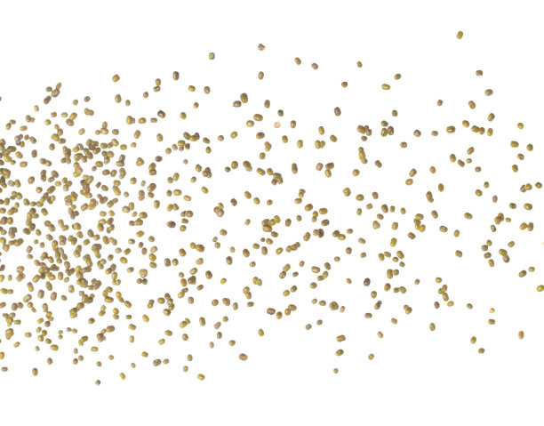 绿绿豆成群落，绿绿豆飘炸，抽象云飞。干绿绿豆在空气中飞溅。白色背景隔离高速快门，定格运动图片下载