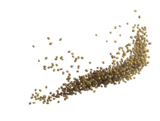 绿绿豆掉下来爆炸，绿绿豆飘爆炸，抽象的云飞。干绿绿豆在空气中飞溅。白色背景隔离高速快门，定格运动图片下载