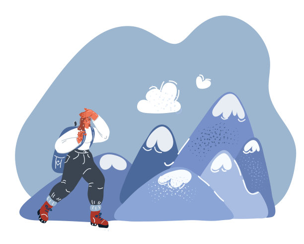 矢量插图的女子徒步旅行者与背包行走安装景观图片下载