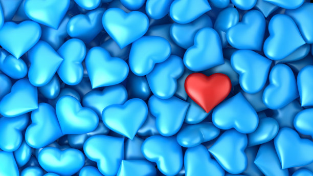 独特的红心。从人群中脱颖而出。情人节及结婚庆典礼品卡。爱概念3d插图。图片下载