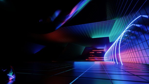 三维抽象霓虹灯背景，多边形结构的几何背景，网络空间虚拟现实，彩色霓虹灯，科幻风格图片下载