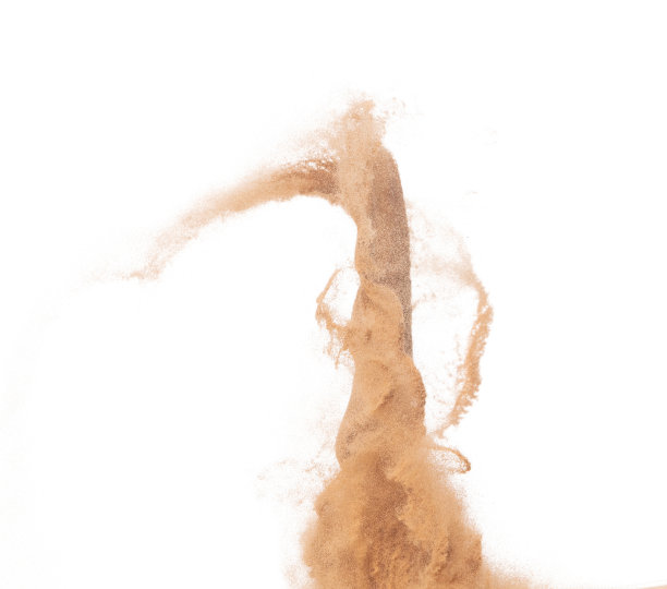 大尺寸沙尘飞扬爆炸，金粒波爆炸。抽象的云飞。黄色的沙子飞溅在空中。白色背景隔离高速快门，抛出定格动作图片下载