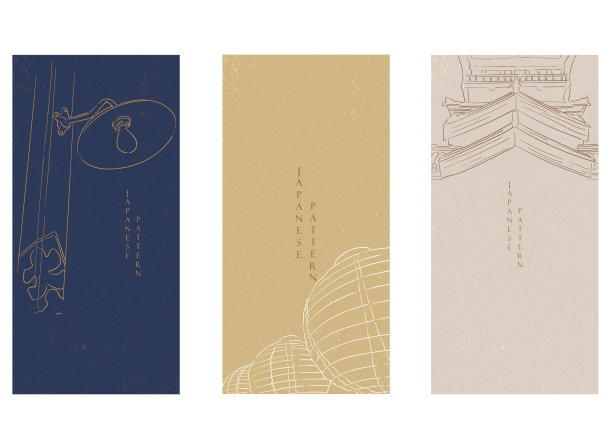 日式贺卡设计。手绘线与灯，灯笼和神社元素在复古风格。图片下载