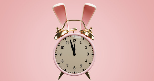 复活节的概念。可爱的粉色兔子耳朵闹钟。三维渲染图片下载