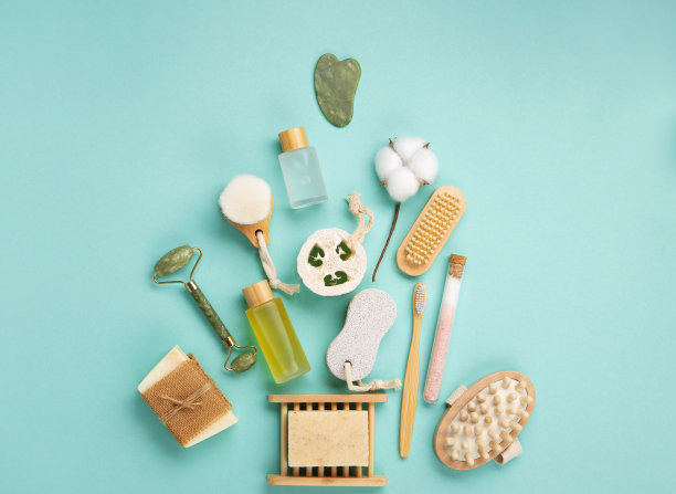 自然环保美容，护肤产品概念。零废物浴室，温泉配件绿薄荷背景。图片下载