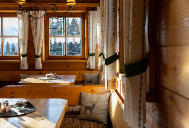 奥地利阿尔卑斯山区一家餐厅大厅的一角图片下载