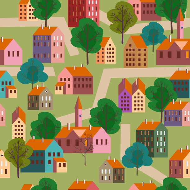 天衣无缝的老城格局，简约扁平的风格。秋季景观城市建筑图片下载