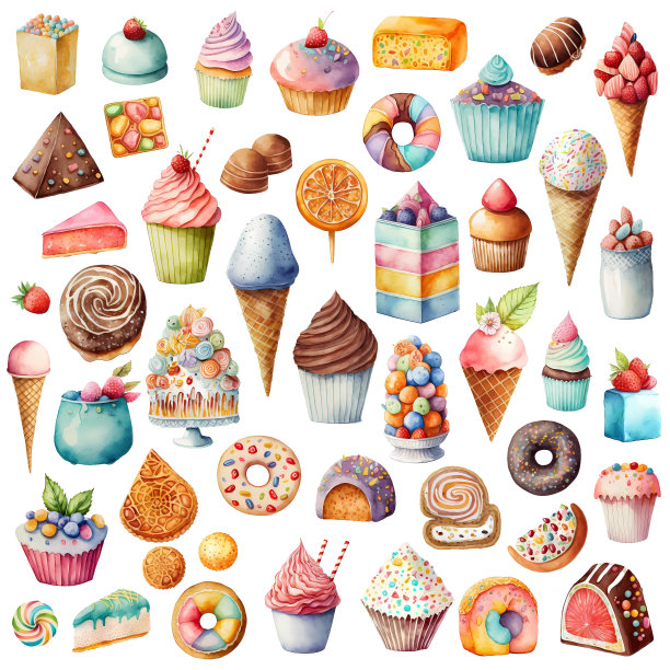 收集不同的甜点，如冰淇淋，糖果，蛋糕和纸杯蛋糕。卡通插图孤立在白色图片下载