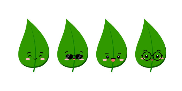 可爱的叶子孩子性格与笑脸表情集。图片下载