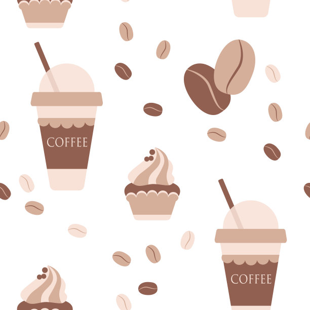 无缝模式与一次性咖啡杯图标和巧克力纸杯蛋糕图标的白色背景。图片下载