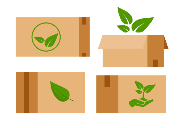 可持续回收纸箱与绿色树叶图标设置隔离在白色背景。图片下载