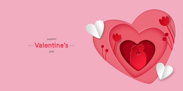 粉红色的心形情侣剪影和鲜花图片下载