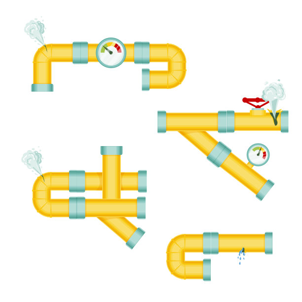 管道破裂，蒸汽或铅气体泄漏，管道破裂。水龙头滴水，供水问题，管道破裂。风插图孤立的白色背景。图片下载