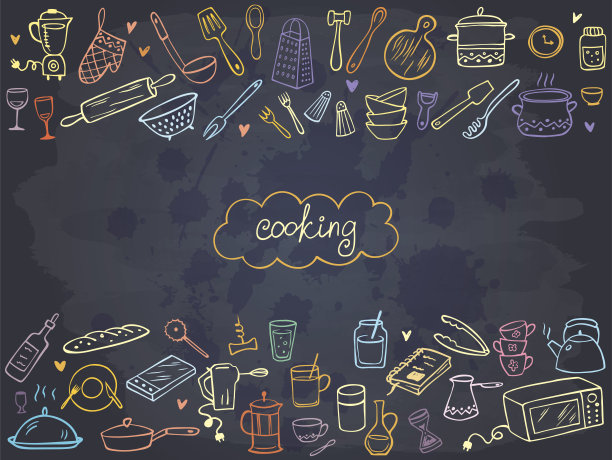 框架从彩色涂鸦厨房工具在黑板上。矢量插图。完美的壁纸，图案填充，纺织品，网页背景，表面纹理。图片下载