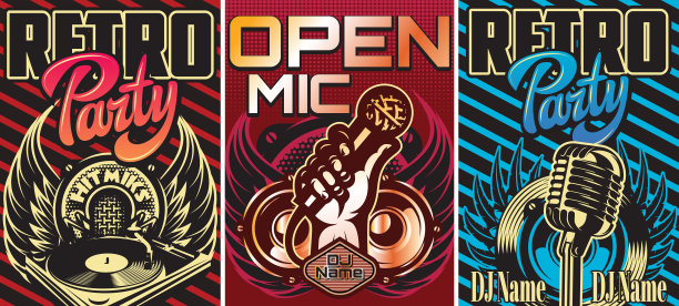 音乐活动的邀请海报。用于设计的三种彩色矢量模板集图片下载