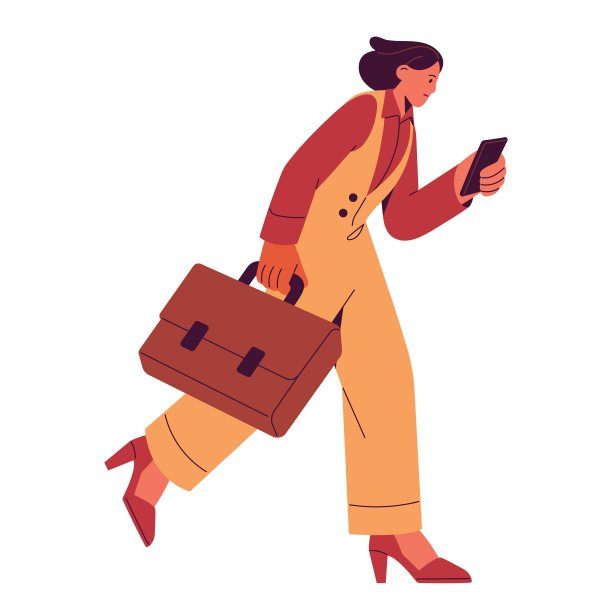 忙碌的商务女性匆匆忙忙，匆匆忙忙地去办公室，上班迟到。女商人走得很快，手里拿着手机，手里拿着智能手机。平面矢量插图孤立在白色背景上图片下载