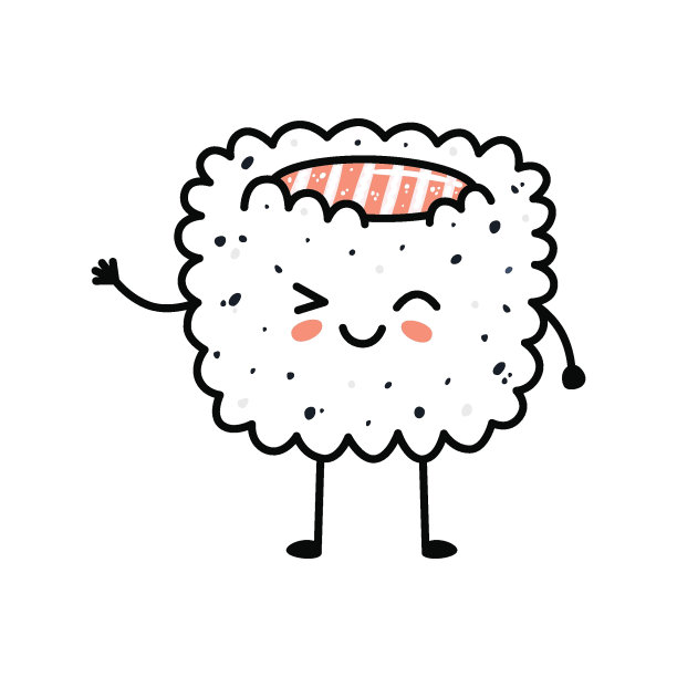 卡通风格的卡哇伊寿司吉祥物。可爱的uramaki鲑鱼菜单。图片下载