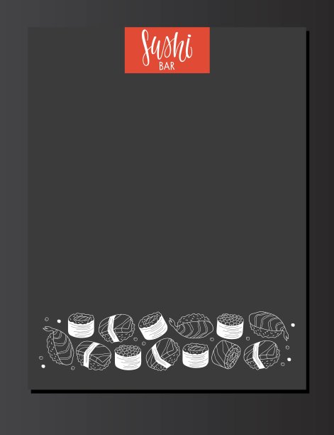 寿司菜单模板与亚洲食物涂鸦素描邀请，封面，小册子设计与复制空间。特色日式餐厅吧台菜单设计。矢量插图在黑色背景图片下载