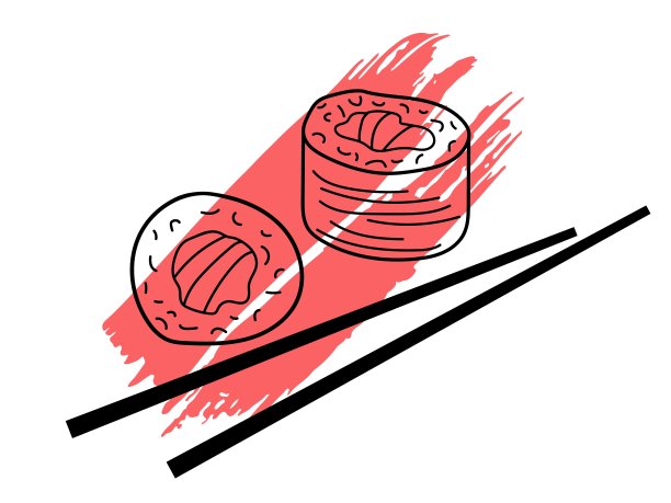 亚洲寿司用筷子在粉红色的笔触上卷。寿司的标志。手绘涂鸦素描。黑色红色矢量在白色背景的卡片，标签，海报，贴纸，酒吧标志，菜单设计，标签图片下载