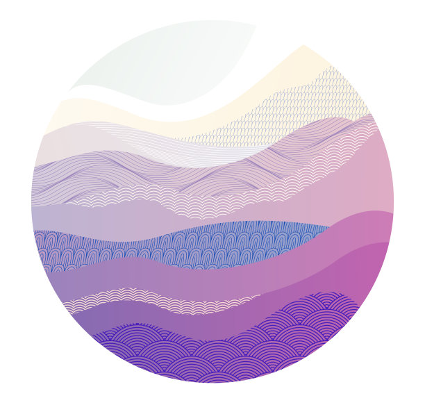 抽象的东方日本艺术矢量背景以圆形为主，传统风格的设计，波浪形的山峦地形景观，流水般的海线。图片下载
