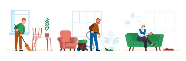 清洁设备的发展。年轻时用扫帚扫地的男人。高级管家采用真空吸尘器或机器人吸尘器。清洁技术发展。设备的进步。向量的概念图片下载