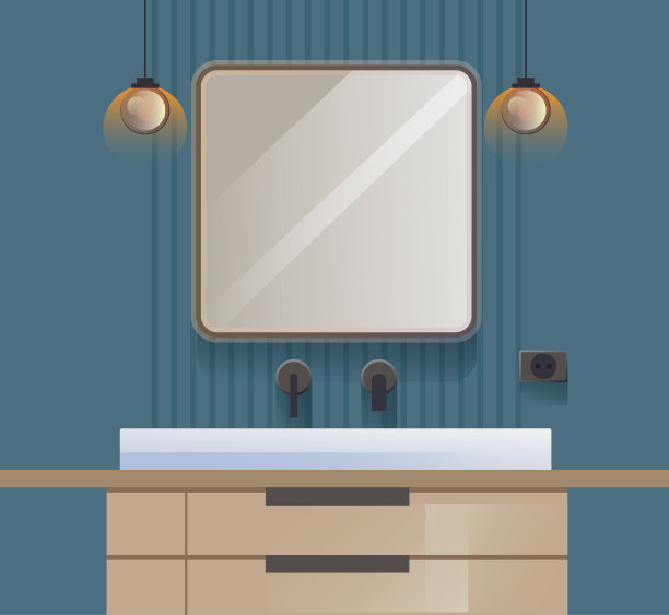 浴室内部水槽镜面现代写实风格概念。矢量卡通平面设计元素说明图片下载