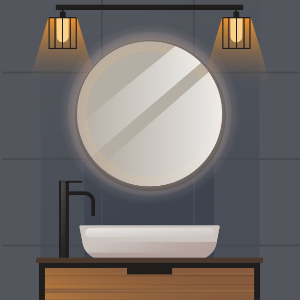 浴室内部水槽镜面现代写实风格概念。矢量卡通平面设计元素说明图片下载