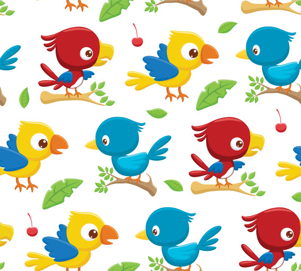 无缝模式矢量卡通彩色鸟栖息在树枝，树叶和水果图片下载