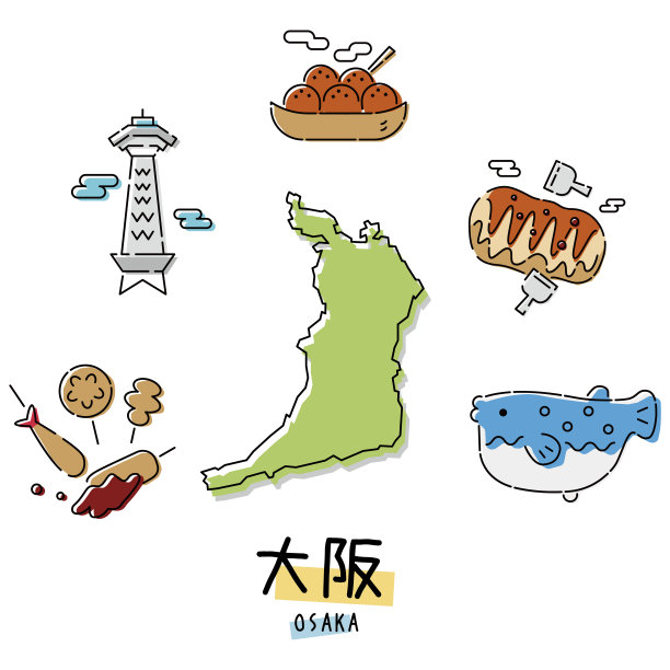 日本大阪府美食旅游图标套装(线描)图片下载