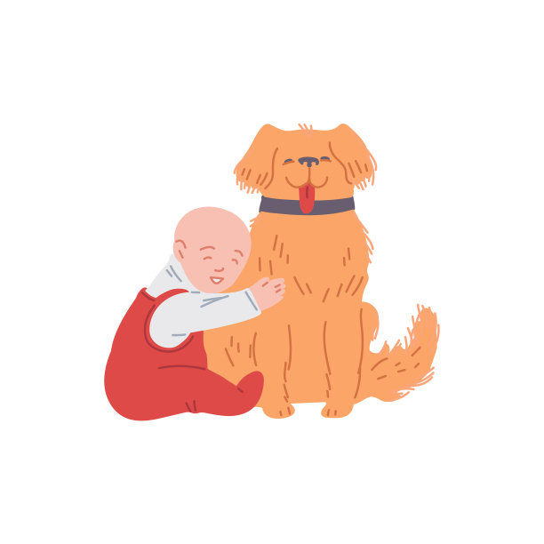宝宝玩着国产大狗平面卡通矢量插画孤立。图片下载