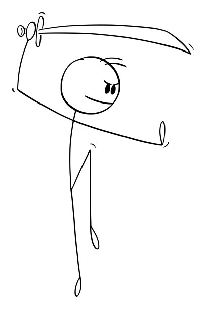 战士在武术或功夫姿势与剑，矢量卡通简笔插图图片下载