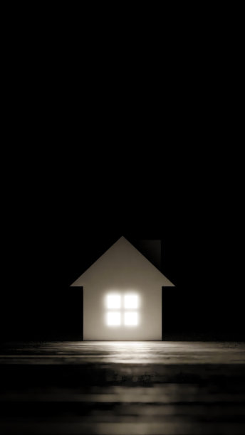 3 d演示。黑色背景上的白色迷你房子。光线从窗户透进来。电力。光效(垂直)。图片下载