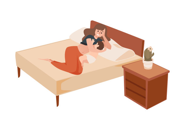 快乐的女人哺乳婴儿躺在床上，平面矢量插图孤立在白色背景。图片下载