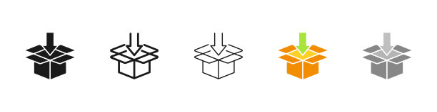 方框设置图标。包装，圆箭头，齿轮，物流服务，运输，质量标志，盾牌，包装，警告，包装。交付的概念。矢量五个图标在不同的风格上的白色背景图片下载