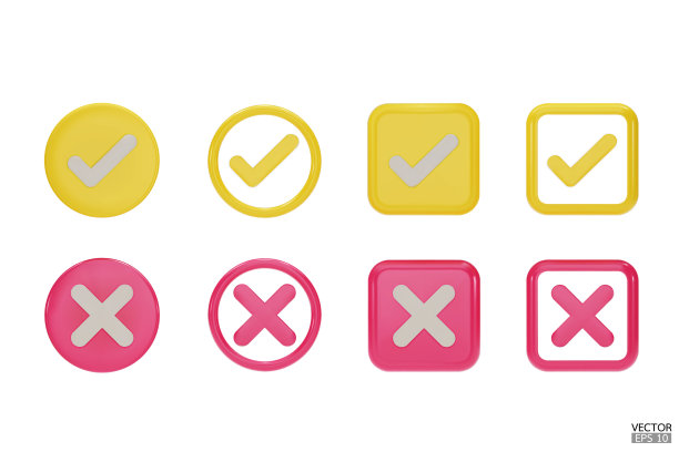 3D标记和X标记图标集。黄色和粉色右标记符号，勾符号。检查和取消web和移动应用程序。三维矢量插图。图片下载
