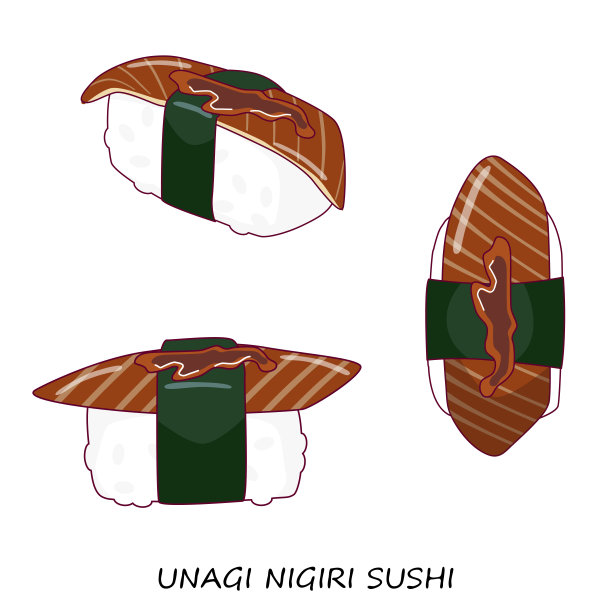 白底鳗鱼寿司握寿司。鳗鱼握。不同的观点。传统的日本食物。向量的剪纸艺术。图片下载