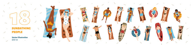 人们躺在毛巾、垫子、冲浪板上晒日光浴图片下载