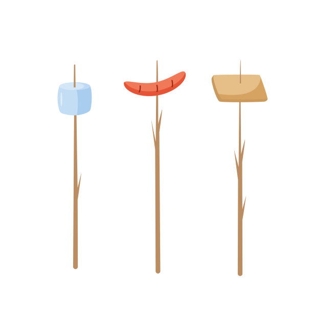 香肠，面包和棉花糖挂在树枝上。篝火上的油炸食品，徒步旅行时的零食，露营。涂鸦矢量插图。图片下载